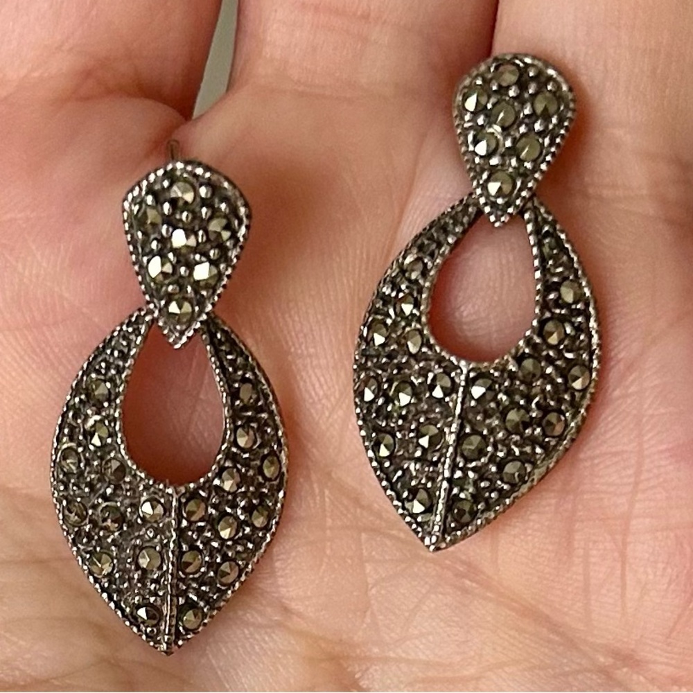 Vintage Art Deco Marcasite Sterling Silver Drop Earrings
